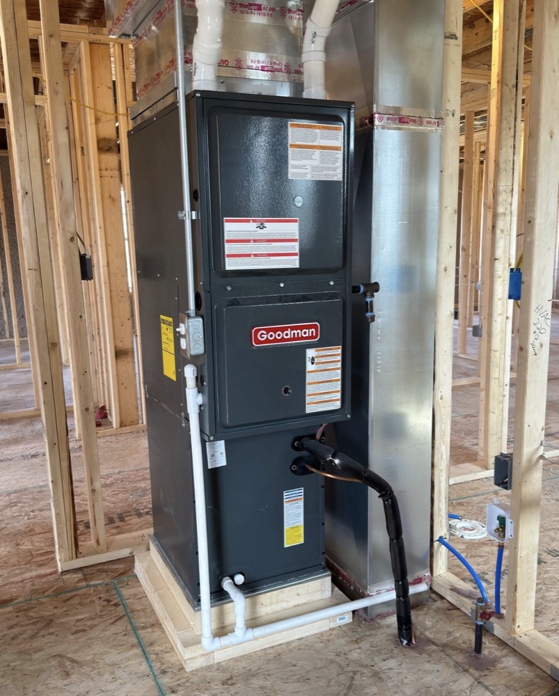 A Goodman furnace and ductwork cleanly installed by Elevated Heating and Cooling in a new-construction home near Niles, Michigan